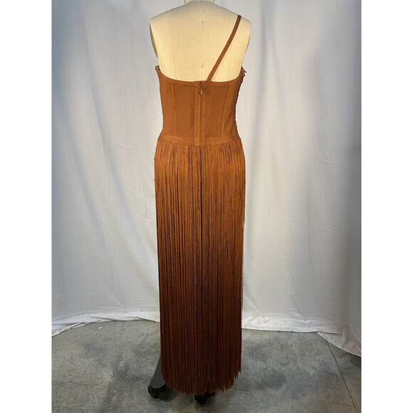 Herv� L�ger 'Draped' Brown Fringe One Shoulder Gown Size L - Picture 4 of 6